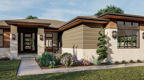 Prairie House Plan - 3 Bedrooms, 2 Bath, 1813 Sq Ft Plan 52-426 Floorplans Architecture, Modern Prairie House, Modern Prairie Home, Porch Dining, 1 Story House, Kitchen Concept, Modern Prairie, Prairie House, Shaped Kitchen