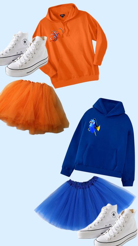 Dory And Nemo Costume, Cute Nemo And Dory Costumes, Dory Costume Womens, Darla Nemo Costume, Diy Nemo Costume Women, Darla Costume Finding Nemo, Diy Dory Costume, Darla Halloween Costume Finding Nemo, Nemo And Dory Costume