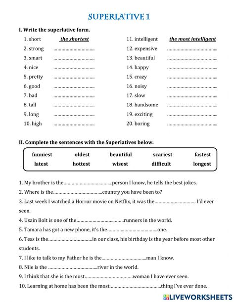 Comparative Adjectives Worksheet, Adjectives Exercises, Family Tree Worksheet, List Of Adjectives, Adjective Worksheet, Vocabulary Exercises, 1 Worksheet, English Learning Books, First Grade Phonics