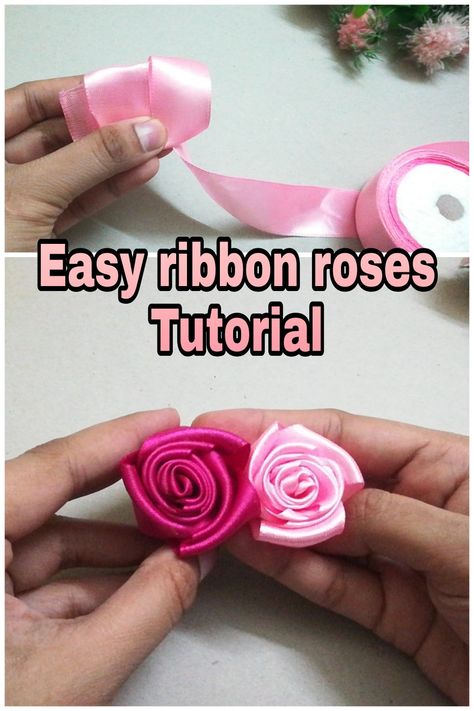 Satin ribbon roses made with a simple trick using ruler and double sided tape Silk Ribbon Roses, Small Ribbon Roses Diy, Flower Ribbon Tutorial, Ribbon Rose Tutorial, Satin Ribbon Roses Diy, Ribbon Roses Bouquet Ideas, Ribbon Roses Diy Easy, How To Make Satin Roses, How To Make Roses Out Of Ribbon