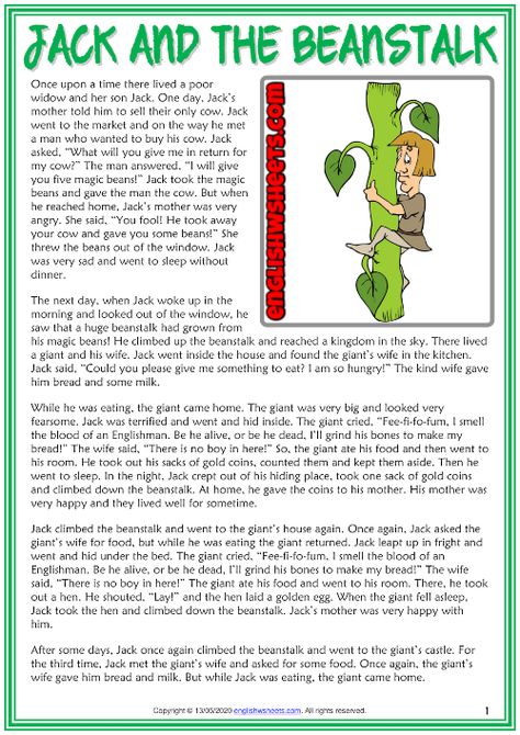 English Story Reading, Jack And The Beanstalk Story, Esl Reading Comprehension, Stories With Moral Lessons, Fairy Tale Story, Esl Reading, Short Moral Stories, English Stories For Kids, English Short Stories