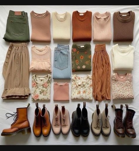 Romantic Autumn Outfit, Modest Academia Outfits, Warm Autumn Outfits For Summer, Soft Autumn Outfits Capsule Wardrobe, Cottagecore Capsule Wardrobe, Autumn Color Palette Fashion, Estilo Blair Waldorf, Warm Fall Outfits, Capsule Wardrobe Women