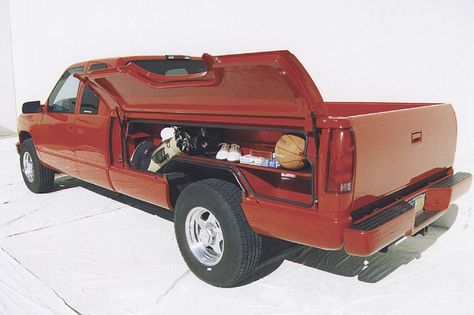 The side panels of pickup beds can be turned into roomy storage compartments that leave the bed completely open, says Innovative Truck Storage, Carson City, Nevada. The conversion requires replacing t... Truck Organization, Trucks Lifted, Cool Truck Accessories, Truck Bed Storage, Custom Truck Beds, Truck Games, Farm Show, Silverado Truck, Utility Truck