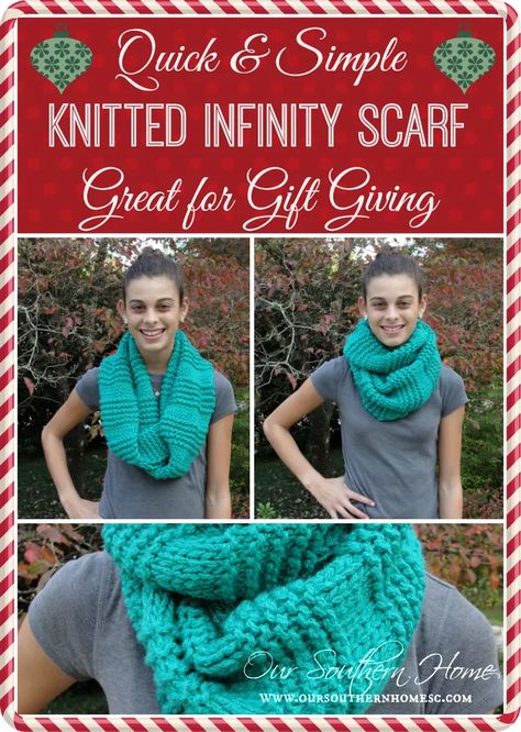 Quick & Easy Knitted Infinity Scarf - Our Southern Home Diy Infinity Scarf, Beginner Knit Scarf, Knitted Infinity Scarf, Infinity Scarfs, Infinity Scarf Pattern, Infinity Scarves, How To Purl Knit, Scarf Knitting Patterns, Knit Infinity Scarf