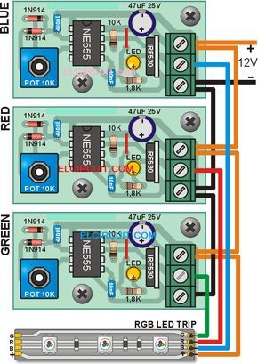 multicolored LEDs dimmer RGB LED Strip dimmer Electrical And Electronics Engineering, Electronics Engineering, Electronic Circuit Design, Electrical Circuit Diagram, Hobby Electronics, Led Projects, Electronics Basics, Electronic Schematics, Electronic Circuit Projects