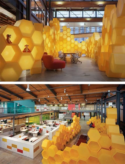 Honeycomb Interior - Interior Design of The Disney Store Headquarters by Clive Wilkinson Architects Bee Sanctuary, Honey Store, Selfie Wall, Renovation Architecture, Kindergarten Design, Bee Farm, Architecture Design Drawing, Hexagon Design, Interior Renovation