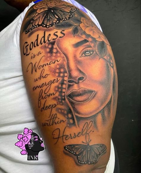 Femininity Tattoo Ideas, Art Inspiration Tattoo, Afro Tattoo Ink Black Women, Pretty Tattoos For Women Thigh Piece, Black Culture Tattoos For Women, Black Women Sleeve Tattoo Ideas, Oshun Tattoo, Black Women Tattoos Ideas, Black Queen Tattoo