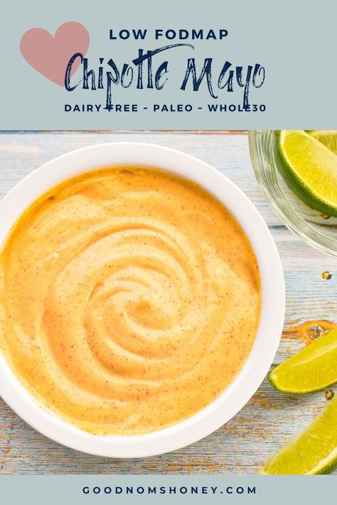 chipotle mayo in a white bowl next to a bowl of lime slices Fodmap Sauce Recipes, Low Fodmap Sauces, Fodmap Dips, Fodmap Condiments, Homemade Chipotle Mayo, Fodmap Sauces, Lowfod Map, Chipotle Mayo Sauce, Dairy Free Mayo