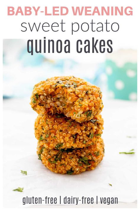 These sweet potato quinoa cakes are great for baby-led weaning! Vegan, gluten-free, and dairy-free, these healthy treats make feeding time breezy, delicious, and enjoyable for baby. Learn the recipe here! Click to continue. Quinoa Sweet Potato Patties, Kids Quinoa Recipes, Quinoa Cakes Vegan, Quinoa For Toddlers, Sweet Potato Kids Recipes, Baby Quinoa Recipes, Blw Sweet Potato Recipes, Sweet Potato And Quinoa Recipes, Quinoa And Sweet Potato Recipes