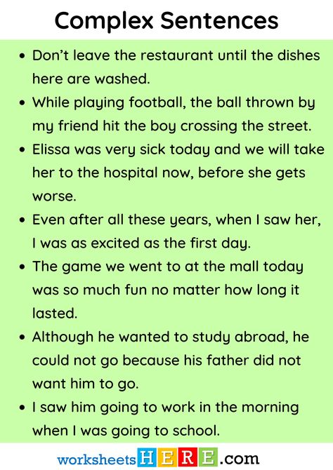 Complex Sentences Examples PDF Worksheet For Students - WorksheetsHere.com Complex Sentences Examples, Crossing The Street, Sentence Examples, Complex Sentences, At The Mall, After All These Years, Playing Football, The Hospital, The Boy