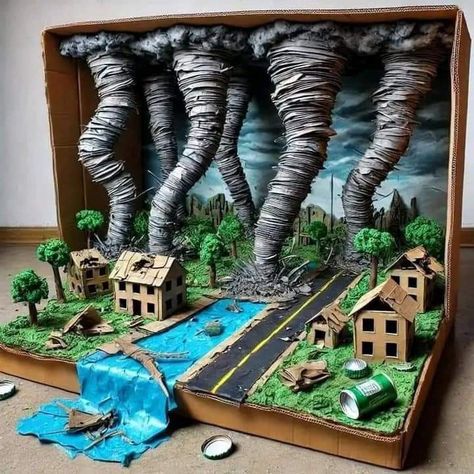 Natural Disasters Project Diy, Weather Diorama, Tornado Diorama, Man Made Disasters, Tornado Craft, Natural Disasters Art, Science Exhibition Ideas, Science Exhibition Projects, Science Fair Projects Boards