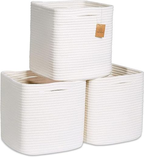 NaturalCozy Storage Cubes 11 Inch Cotton Rope Woven Baskets for Organizing, 3-Pack | Cube Storage Bin | Square Storage Baskets for Shelves Organizer, Classroom, Kids Toy Bins, Closet, Baby Nursery Aesthetic Storage Ideas, Cute Storage Bins, Coastal Dorm, Cube Organizer Bins, Teen Storage, Random Accessories, Storage Baskets For Shelves, White Bin, White Storage Box