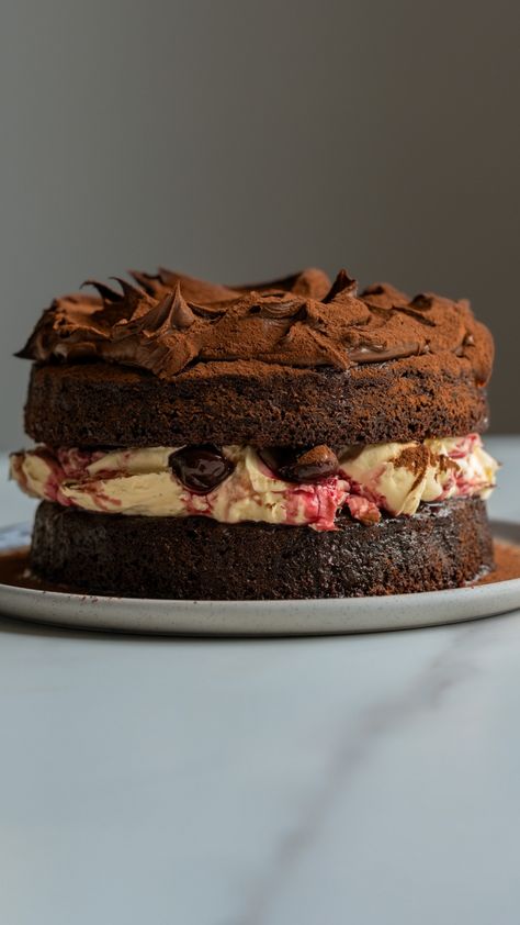 Black Forest-Inspired Chocolate, Vanilla Cherry & Mascarpone Layer Cake with Chocolate Ganache Cherry Mascarpone, Feast Recipes, Cake With Chocolate Ganache, Banana Chocolate Chip Muffins, Chocolate Chip Muffins, Decadent Chocolate, Family Birthdays, Chocolate Ganache, Chocolate Flavors