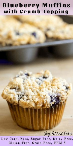 Blueberry Muffins with Crumb Topping - Low Carb, Keto, Sugar-Free, Dairy-Free, Gluten-Free, Grain-Free, THM S - These blueberry muffins with crumb topping are the perfect grab-and-go snack or make-ahead breakfast. If you are looking for a healthy and wholesome delicious blueberry muffin recipe you have come to the right place! Blueberry Muffins With Crumb Topping, Low Carb Blueberry Muffins, Dairy Free Bread, Dairy Free Snacks, Smoothie King, Dairy Free Breakfasts, Joy Filled Eats, Muffin Recipes Blueberry, Keto Friendly Desserts