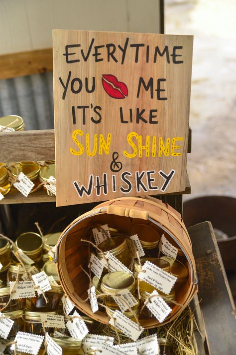 Personalized Wood sign for Wedding Favors  Jars of Apple Moonshine Whiskey & Honey By SassyFrass Affairs Moonshine Party Favors, Whiskey Bridal Shower Ideas, Moonshine Wedding Ideas, Moonshine Wedding Favors, Whiskey Wedding Favors, Moonshine Wedding, Apple Moonshine, Bourbon Wedding, Handfasting Ideas