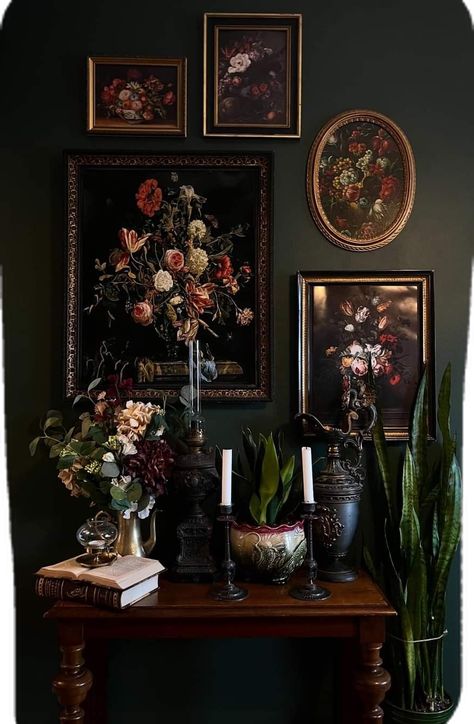 Moody Cottage Aesthetic, Dark Nature Decor, Goth Botanical Decor, Gothic French Decor, Dark Academia Botanical, Dark Cottagecore Home Aesthetic, 1920 Decor Interior Design, Victorian Era Decor, Moody Room Colors