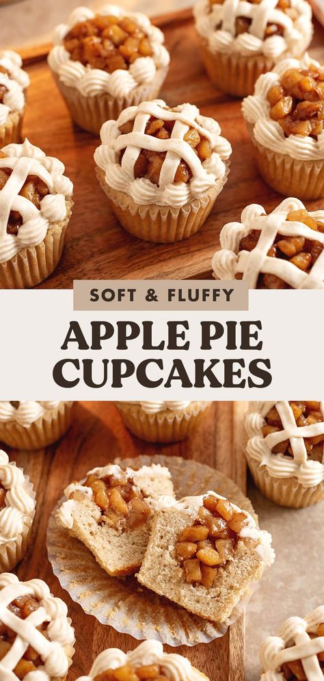 These soft and fluffy apple pie cupcakes are filled with apple compote that tastes like apple pie filling and decorated with a cinnamon cream cheese filling. They're the cutest cozy treat to make this season. Easy Apple Pie Cupcakes, Apple Crumble Cupcakes, Apple Crisp Cupcakes, Apple Desserts Thanksgiving, Apple Crumb Cupcakes, Apple Pie Filling Cupcakes, Apple Pie Cupcakes Recipe, Apple Pie Cupcakes With Cake Mix Boxes, Cupcake Apple Pies