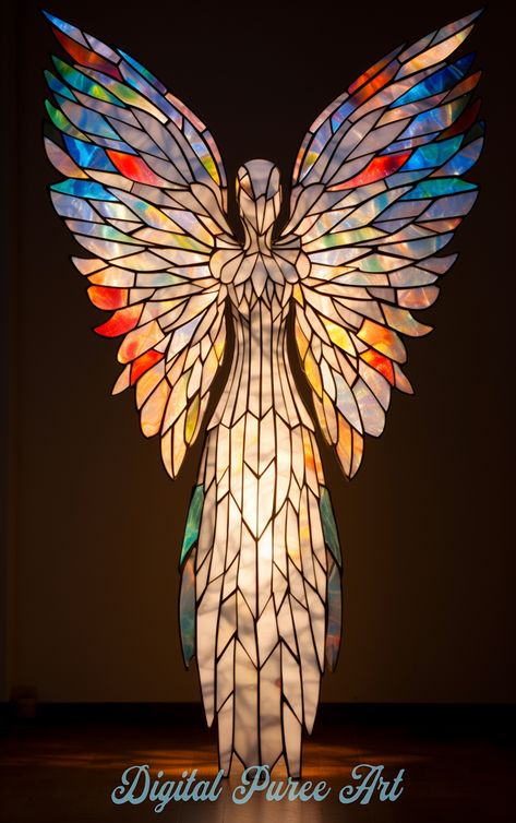 Angel Stained Glass Art, Stained Glass Angel Wings, Angel Stained Glass Patterns, Angel Mosaic, Stained Glass Wings, Glass Wings, Glass Art Design, Stained Glass Angel, Quirky Art