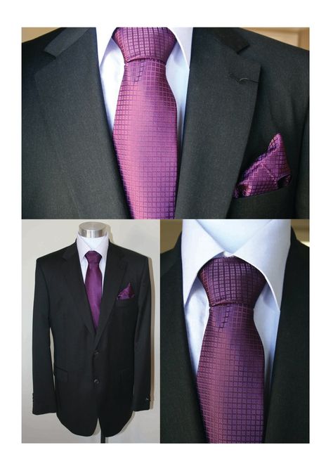 Black suits with purple ties :) Suit With Purple Tie, Wedding Suits For Men, All Black Suit, Black And White Suit, Charcoal Suit, Black Suit Men, Suit Pin, Plum Dress, Board Wedding