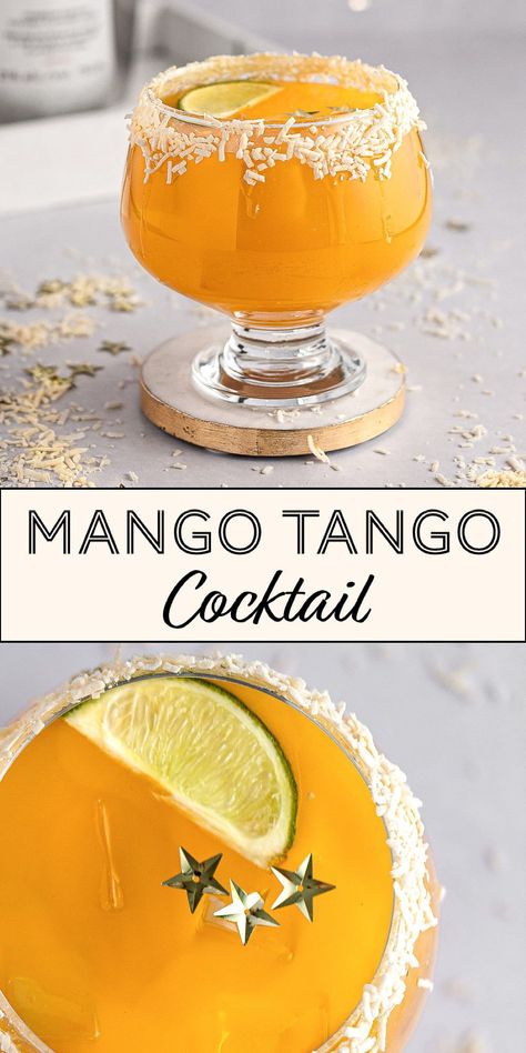 This mango tango drink will make you feel like you’re on a Caribbean beach even if it’s the middle of winter. A blend of mango, orange and coconut flavors. This fruity, tropical rum cocktail is refreshingly delicious and easy to make in 5 minutes. Orange Rum Cocktail, Orange Colored Drinks, Mango Tango Drink Cocktails, Orange Coloured Cocktails, Bacardi Mango Chile Drinks, Mango Malibu Rum Drinks, Mango Whiskey Cocktail, Orange Color Cocktails, Mango Vodka Cocktail