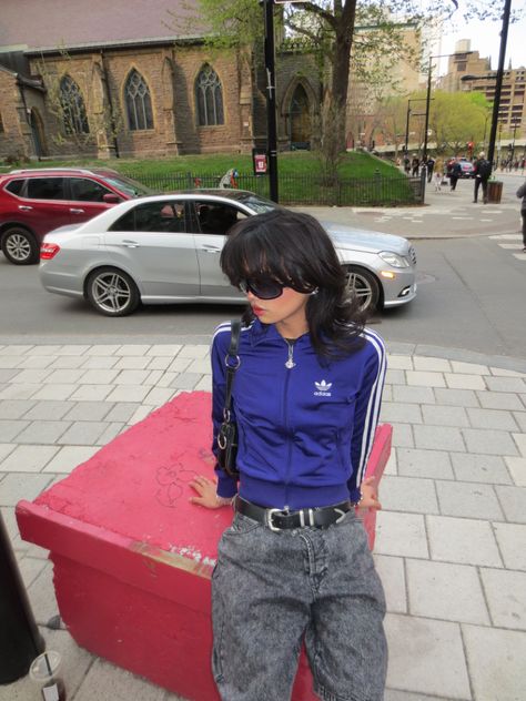 boy wearing purple adidas zip up with vivienne westwood necklace and diesel jorts. Adidas Zip Up Outfit Aesthetic, Adidas Cropped Jacket, Adidas Shirt Women Outfit, Vintage Adidas Zip Up, Blokette Core Style, Black Adidas Jacket Outfit, Vintage Adidas Jacket Outfit, Sport Jacket Outfit Women, Zip Up Top Outfit