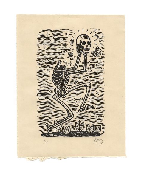 Small skeleton — Kathleen Neeley Kathleen Neeley, Small Skeleton, Linoleum Print, Lino Art, Lino Prints, Linoleum Block, Handmade Stamps, Printmaking Art, Woodcuts Prints