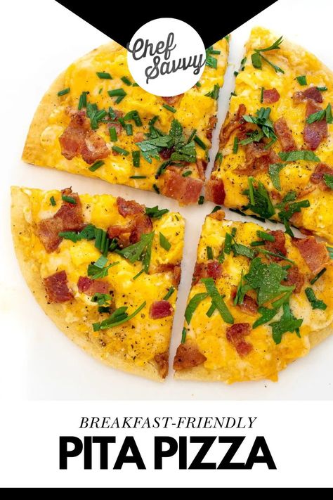 Save this Quick & Easy Baked Breakfast Pita Pizza Recipe! Breakfast Pita Pizza is a delicious take on classic pizza, featuring a toasted pita bread crust topped with breakfast-friendly ingredients for a hearty and satisfying breakfast! Top it off with scrambled eggs, cheese, and bacon, and serve with your favorite salsa or hot sauce! Follow Chef Savvy for more Fall Brunch Recipes! Fall Brunch Recipes, Autumn Brunch Recipes, Breakfast Pita, Bread Crust, Pita Pizza, Chef Savvy, Baked Breakfast, Pita Pizzas, Cheese Flatbread