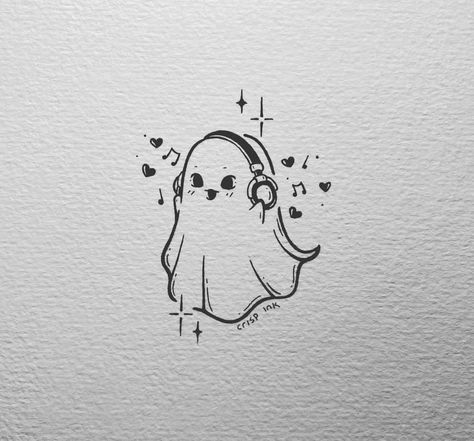 Ghost With Headphones Drawing, Music Ghost Tattoo, Ghost Music Tattoo, Cute Note Doodles, Cute Ghost Drawings Aesthetic, Ghost With Headphones Tattoo, How To Draw A Ghost Easy, Aesthetic Ghost Drawing, Ghost Doodle Cute