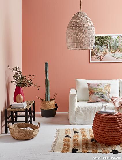 Peach Living Rooms, Peach Bedroom, Resene Colours, Room Color Combination, Wall Color Combination, Feature Wall Living Room, Living Room Wall Color, Room Wall Colors, Pink Living Room