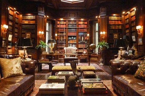 set design/ wayne manor library:Andrew Baseman - a color palette of brown, gold, red, and burgundy and scoured antiques stores Classic Home Library Design, Chesterfield Library, Vintage Home Library, Preppy Pinterest, Home Library Rooms, Wayne Manor, Paneled Library, Library Office, Library Room