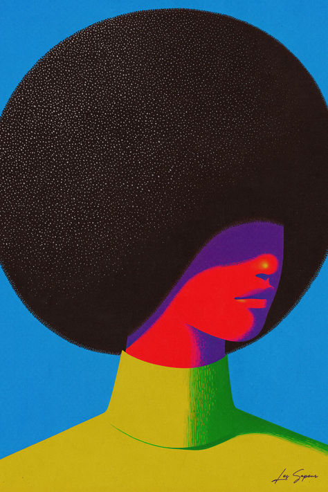 Graphic portrait of a person with a large, textured afro, vibrant red and purple facial tones, and a bright blue and yellow background, embodying Afro Futurism with bold, modern aesthetics. African Illustration Design, Afro Pop Art, Afro Surrealism Art, Afrofuturism Art Illustrations, Afro Futurism Aesthetic, Afro Futurism Art, Postmodernism Art, Black Futurism, Afro Witch