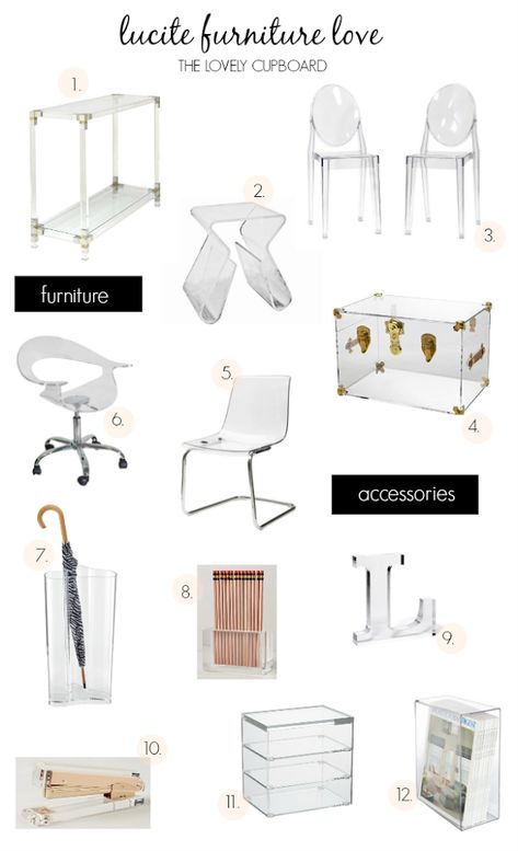 Lucite Furniture Roundup |The Lovely Cupboard Ghost Chairs Dining, Acrylic Furniture Decor, Lucite Chairs, Lucite Furniture, Clear Chairs, Home Decor Painting, Ghost Chairs, Acrylic Furniture, Home Bar Furniture