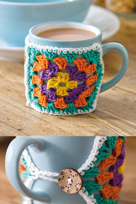 Add a splash of personality to your morning cuppa with a cute crocheted mug cosy. Crochet Granny Square Cup Cozy, Granny Square Cup Cozy Free Pattern, Cup Cosy Crochet Pattern, Mug Cozy Crochet, Mug Crochet, Crochet Craft Fair, Mug Cover, Crochet Mug, Crochet Mug Cozy