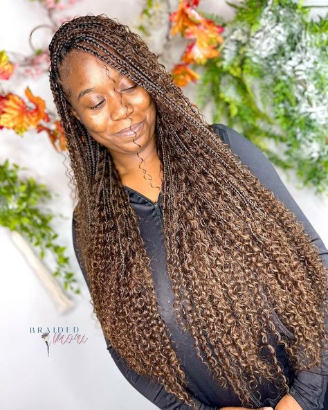 Honey Brown Bohemian Knotless Braids, Chocolate Boho Knotless Braids, Brown Knotless Box Braids With Curls, Boho Braids Honey Brown, Honey Brown Boho Knotless Braids, Brown Boho Knotless Braids, 1b/30 Boho Knotless Braids, Boho Knotless, Brown Curls