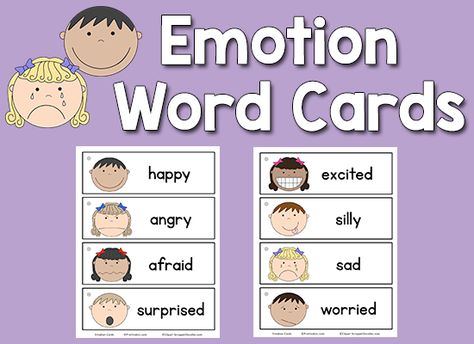 This set of Emotion Picture-Word Cards includes happy, angry, afraid, surprised, excited, silly, sad, and worried. This set has 8 word cards. Find more word cards in the Picture-Word Card collection. I prefer to use picture-word cards in a pocket chart near my writing center. That way, the children can take them out of the pocket chart and take them to the table if they want to copy the words onto their paper. The Emotions Words, Emotion Words, Emotions Preschool, Emotions Cards, Emotions Activities, All About Me Preschool, About Me Activities, Word Wall Cards, Teaching Preschool