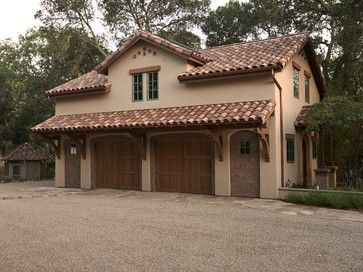 Spanish Remodel mediterranean-garage-and-shed Spanish Style Detached Garage, Garage With Awning, Spanish Style Garage Apartment, She Shed With Bathroom, Spanish Garage, Mediterranean Garage, Mediterran House, Spanish Style Home Exterior, Two Story Garage