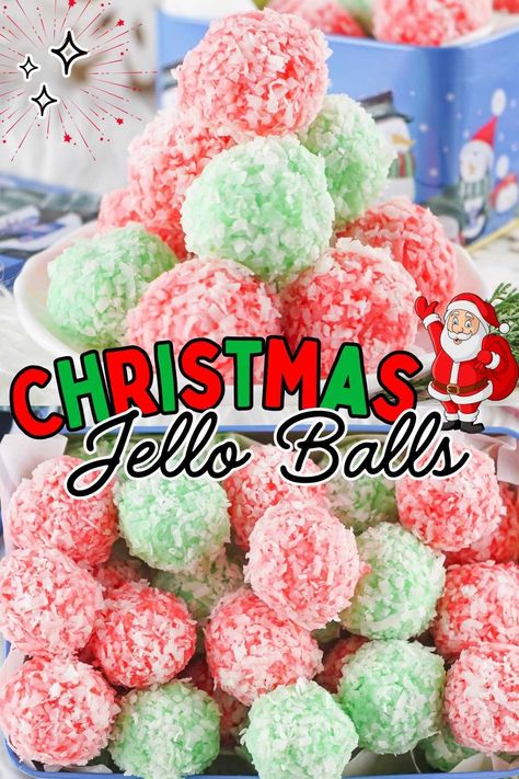 Bring festive cheer to your holiday table with these creamy, chewy Christmas Jello Balls! Made with red and green Jello, Greek yogurt, and coconut, they’re the perfect no-bake treat for any holiday gathering. #ChristmasTreats #NoBakeDesserts #HolidayBaking Christmas Jello Balls, Jello Recipes Christmas, Jello Balls, Jello Cookies Recipe, Princess Recipes, Finger Jello, Christmas Jello, Jello Cookies, Jello Jigglers