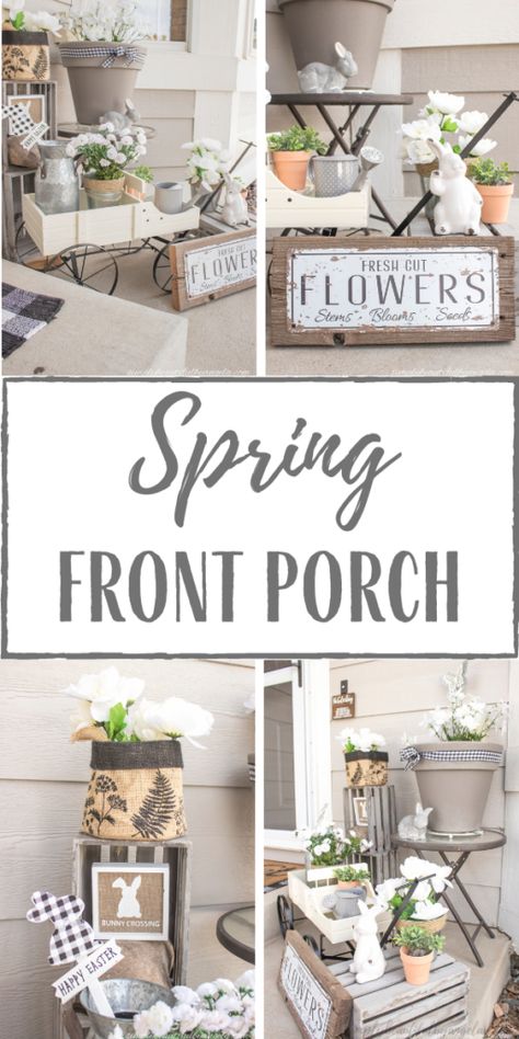 Spring Front Porch Spring Porches, Farmhouse Porches, Fresh Flower Market, Spring Porch Decor, Spring Farmhouse, Summer Porch, Farmhouse Porch, House With Porch, Easter Decorations Outdoor