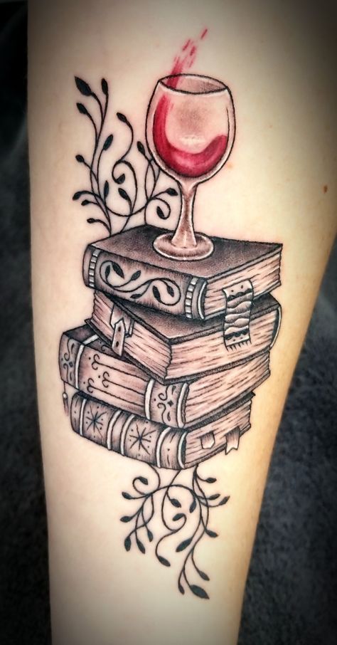 A combination of two of my favorite loves! This was created with a couple pinned ideas and the amazing talents of my tattoo artist! Writer Tattoo, Reading Tattoo, Wine Glass Tattoo, Books Tattoo, Wine Tattoo, Warrior Tattoo Sleeve, Cute Owl Tattoo, Mum Tattoo, Glasses Tattoo