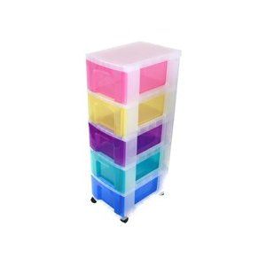 Really Useful Plastic Storage Unit 5 X 12 Litre Drawer - Color: Clear/Rainbow.  Thinking of buying one of these to put in my larder cupboard to hold dry foods/snacks and maybe my plasticware. Plastic Storage Drawers, 5 Drawer Storage, Office Supply Storage, Boxes Storage, Office Branding, Set Of Drawers, Plastic Ware, Storage Towers, Drawer Unit