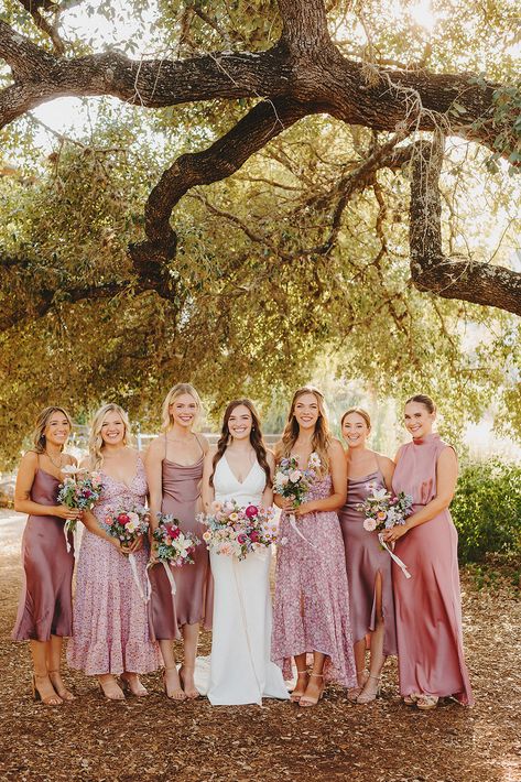 Bridesmaids Dresses Mauve, Mismatched Bridesmaid Dresses Rose, Short Mismatched Bridesmaid Dresses, Mauve Pink Satin Bridesmaid Dress, Mismatched Satin Bridesmaid Dresses, Mauve Mismatched Bridesmaids, Mauve Floral Bridesmaid Dress, June Wedding Bridesmaid Dress Colors, Mismatched Rose Bridesmaid Dresses