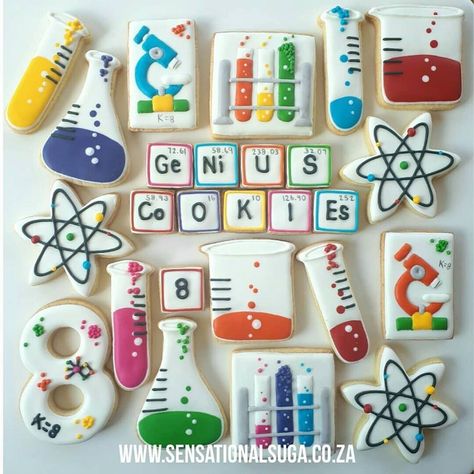 Science Cupcakes Ideas, Chemistry Cookies, Science Cupcakes, Chemistry Birthday, Science Cookies, Phd Cake, Fireman Sam Cake, Science Cake, Science Themed Party