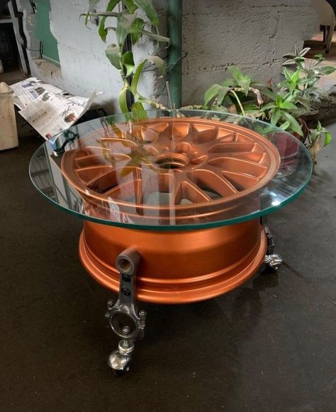 Glass Table Design, Unique Coffee Table Design, Unique Coffee Tables, Car Parts Decor, Coffee Table With Wheels, Table With Wheels, Garage Furniture, Car Part Furniture, Automotive Furniture