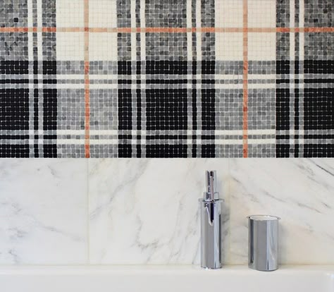 Plaid Mosaic Tile Balmoral Plaid Tulip Black Mosaic by AKDO.  10 Offbeat Plaids For New Projects | Companies | Interior Design Plaid Tile, Akdo Tile, Statement Tiles, Eclectic Tile, Floor Pattern, Black Mosaic, Eclectic Bathroom, Mosaic Backsplash, Tile Inspiration