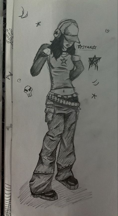 Grunge Outfits Sketch, Grunge Art Style Sketch, How To Draw Ripped Clothes, Y2 Drawings, Body Base Drawing Baggy Clothes, Grunge Outfit Drawing, Y2k Drawing Easy Sketches, Grudge Drawing, Art Reference Outfits