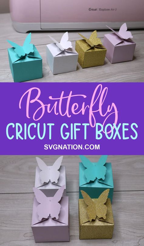 Free template to make butterfly boxes with your Cricut. The box opens and closes with the butterfly wings. Party Favors Cricut, Cricut Favors, Cricut Butterfly, Cricut Boxes Templates, Cricut Box Svg Free, Cricut Box Templates Free, Cricut Party Favors, Party Favor Box Templates, 3d Butterfly Cricut