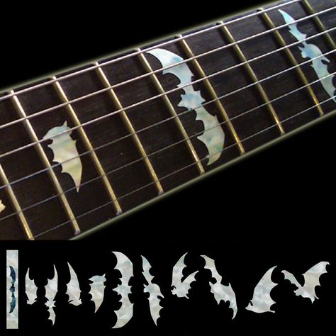 Guitar Inlay, Guitar Stickers, Guitar Fretboard, Goth Clothes, Guitar Obsession, Guitar Painting, Sticker Decals, Beautiful Guitars, Bat Wing