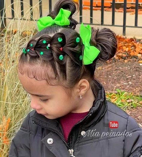 Christmas Hair Styles Toddler, Holiday Kids Hairstyles, Thanksgiving Toddler Hairstyles, Christmas Girl Hairstyles, Christmas Toddler Hair, Christmas Hairstyles For Toddlers, Candy Cane Hairstyles For Kids, Dance Class Hair, Christmas Tree Hairstyles For Kids