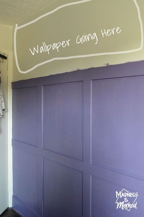 Looking for modern floral wallpaper with some purple? Check out this great roundup and follow the bedroom progress for the Spring 2020 One Room Challenge. Purple Board And Batten Nursery, Lavender Board And Batten Wall, Purple Shiplap Wall, Purple Panelling Bedroom, Purple Board And Batten Wall, Purple Board And Batten, Purple Panelling, Lilac Bedroom, Modern Floral Wallpaper