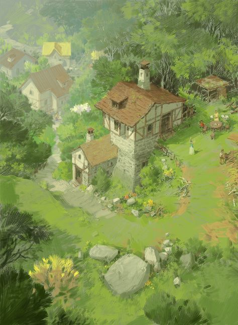 Village_g, Paperblue .net on ArtStation at https://www.artstation.com/artwork/zAP5oL Small Village Concept Art, Fantasy Town Hall, Water Mage, Village Drawing, Fantasy Scenery, Forest Village, Countryside Village, Fantasy Village, Anime Scenes